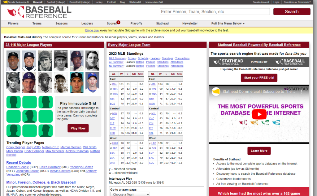 야구 분석 사이트 베이스볼레퍼런스 홈페이지