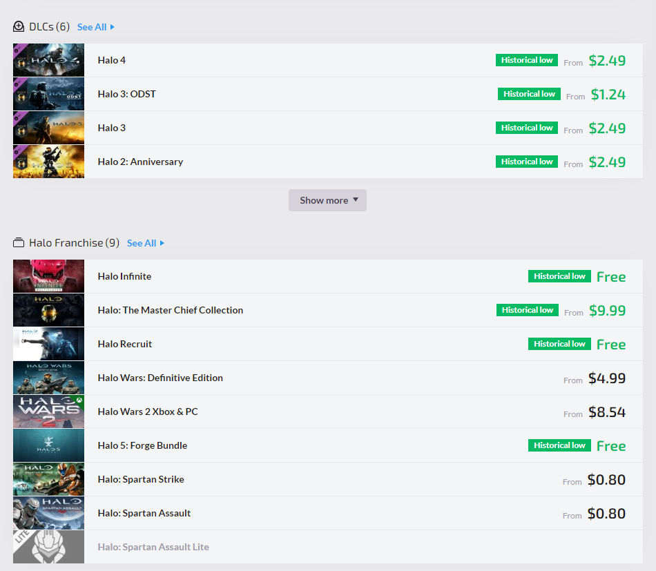기록사이트에서 원하시는 게임을 선택하여 들어온 화면의 DLC들의 할인리스트와 시리즈게임들의 할인 가격
